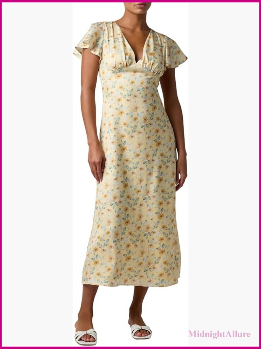 Flutter Sleeve Floral Midi Dress Sweetheart Neckline A-Line Wedding Guest
